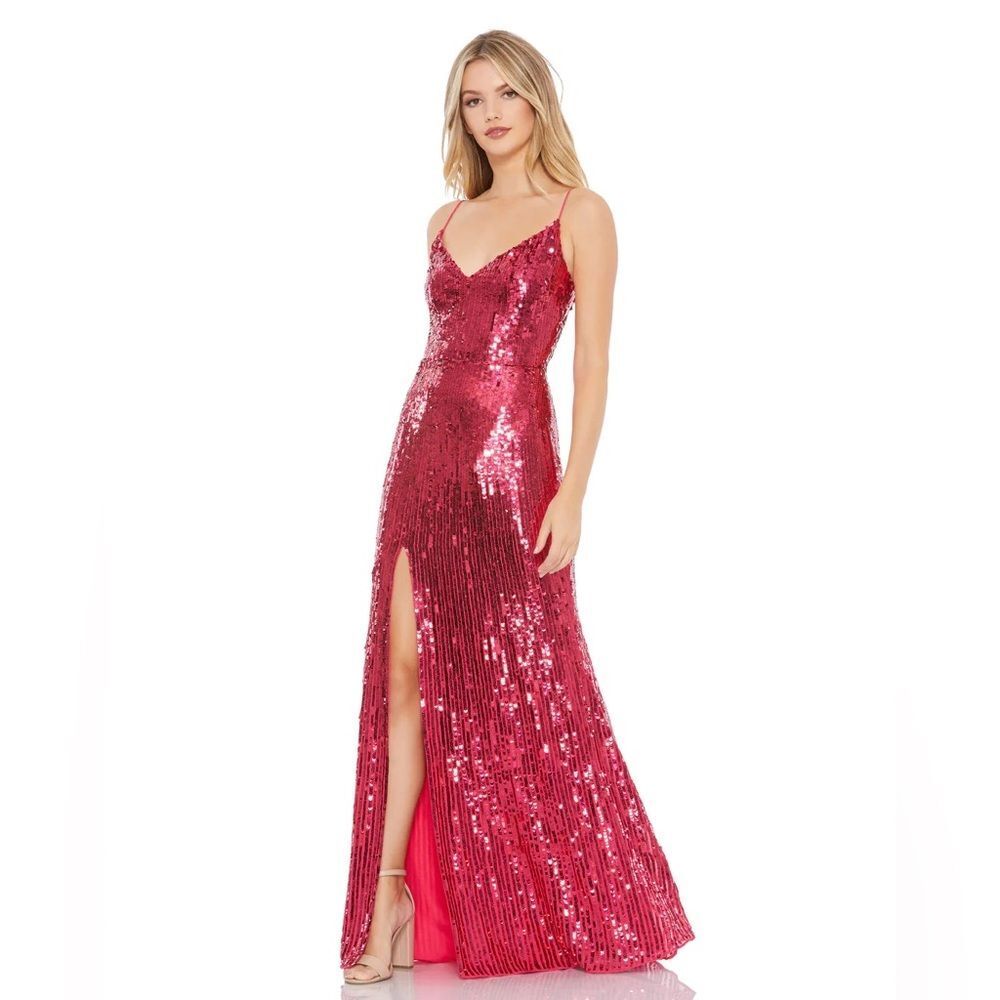 Mac Duggal SPAGHETTI STRAP V-NECK SLIP GOWN in lipstick sequins dress size 6